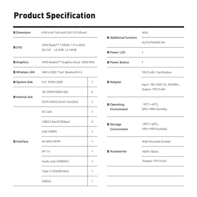 TRIGKEY Mini PC Ryzen 7 AMD R7 5850U 8C/16T 32G DDR4 500G M.2 NVME SSD S5 Mini Computer, HDMI+DP+Type-C，4K@60Hz UHD Graphics, Wi-FI 6, BT 5.2, USB 3.2 * 3，USB 2.0 * 1