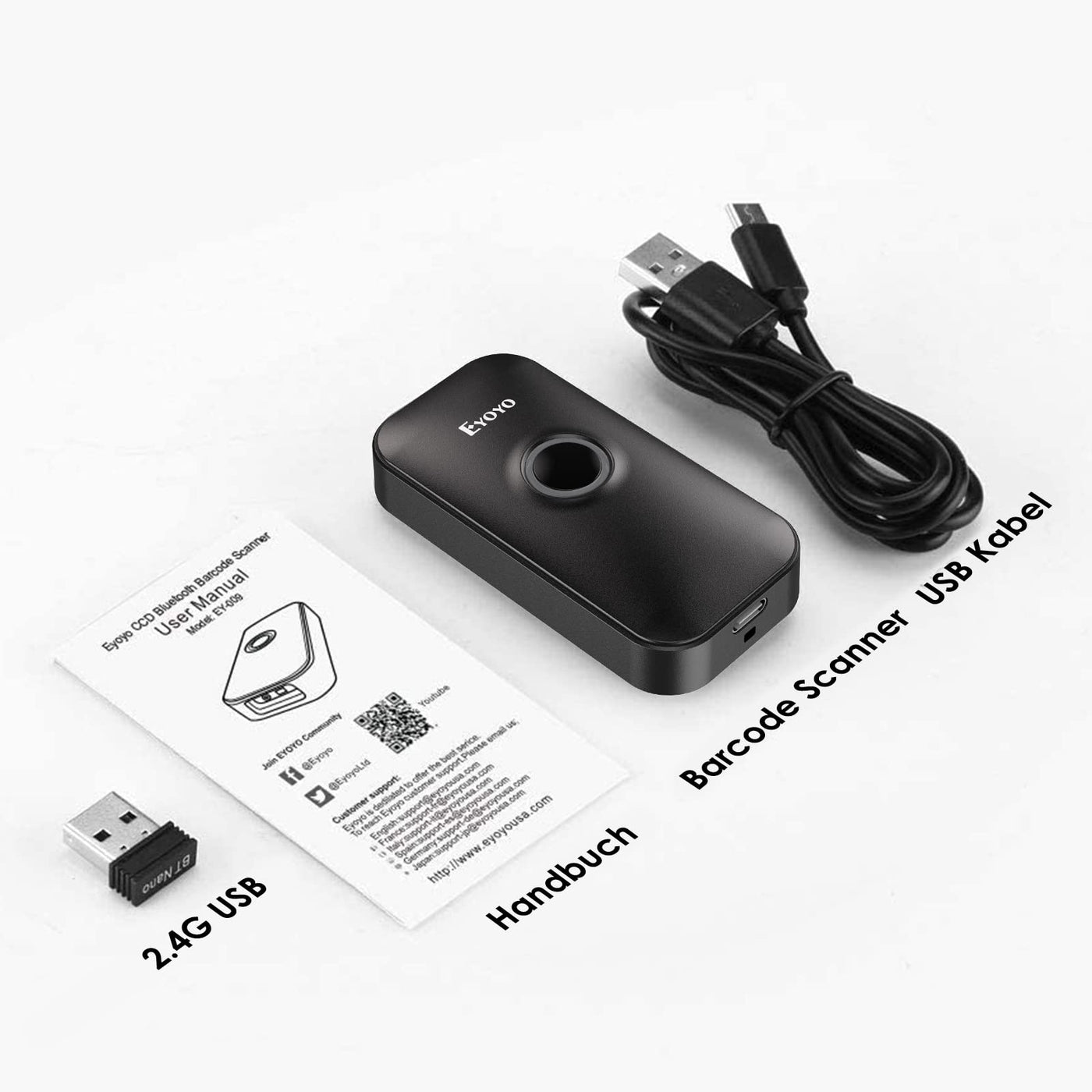 Eyoyo Mini 2D Bluetooth Barcode Scanner, 3 in1 Bluetooth & USB Kabel & 2.4G Wireless Barcode Leser, Portable Bar Code Scannen mit Windows, Android, iOS, Tablets oder Computer(1D 2D QR Schwarz)