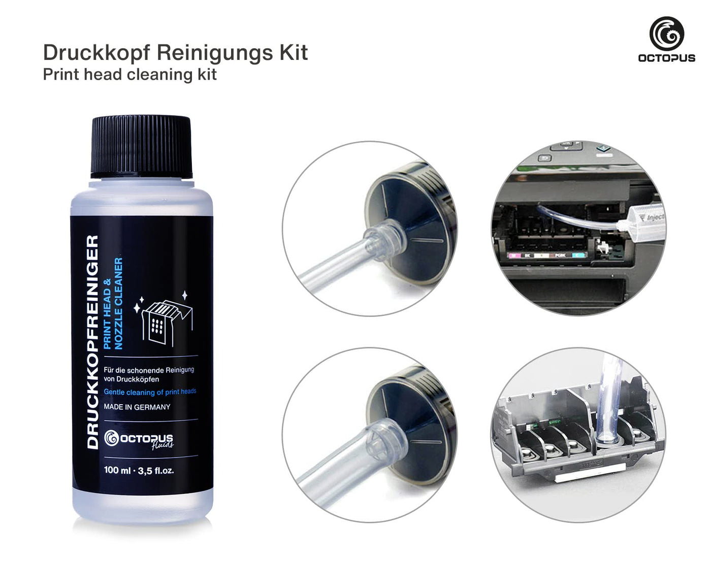 Octopus Düsenreiniger, Druckkopfreiniger kompatibel für Epson Druckköpfe mit Schlauchadaptern (100 ml)