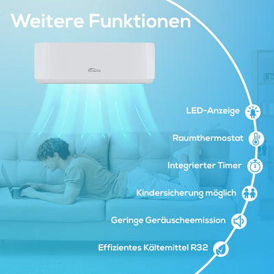 Tronitechnik® Reykir Split Klimaanlage Inverter Splitgerät mit UVC Luftsterilisation, Kühlung Heizung Ventilation Entfeuchtung, Fernbedienung, WiFi App-Steuerung (9000 BTU) inkl. Montagematerial
