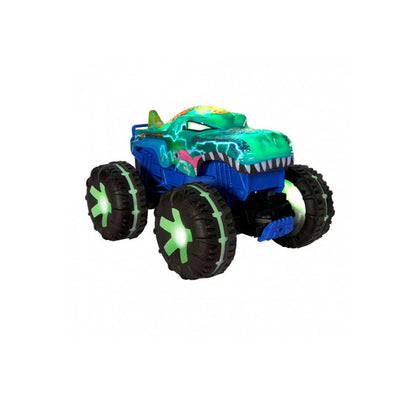 Hot Wheels Monster Trucks Ferngesteuertes Auto, Spielzeugtruck, übergroßer Mega-Wrex Alive im Maßstab 1:15 mit Fernbedienung, 3 ferngesteuerte Spielmodi mit interaktiven Lichtern und Geräuschen, JBD90