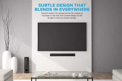 Creative Stage V2 2.1 Soundbar mit Subwoofer, Clear Dialog und Surround von Sound Blaster, Bluetooth 5.0, TV ARC, Optical sowie USB Audio, Wandmontage möglich, Bass- und Höheneinstellung, für TV