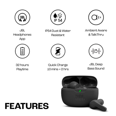 JBL Wave Beam – Kabellose In-Ear Ohrhörer mit IP54 und IPX2 Wasserdichtigkeit – Freisprechfunktion und 32 Stunden Akkulaufzeit – In Schwarz