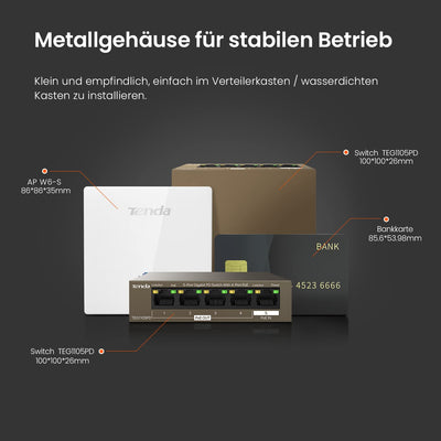 Tenda 5 Port PoE Switch ohne Netzteil, Gigabit PoE Powered Switch (1 PoE In & 4 PoE Out, Plug-and-Play PoE PD Switch, Lüfterlos, Metallgehäuse)(TEG1105PD)