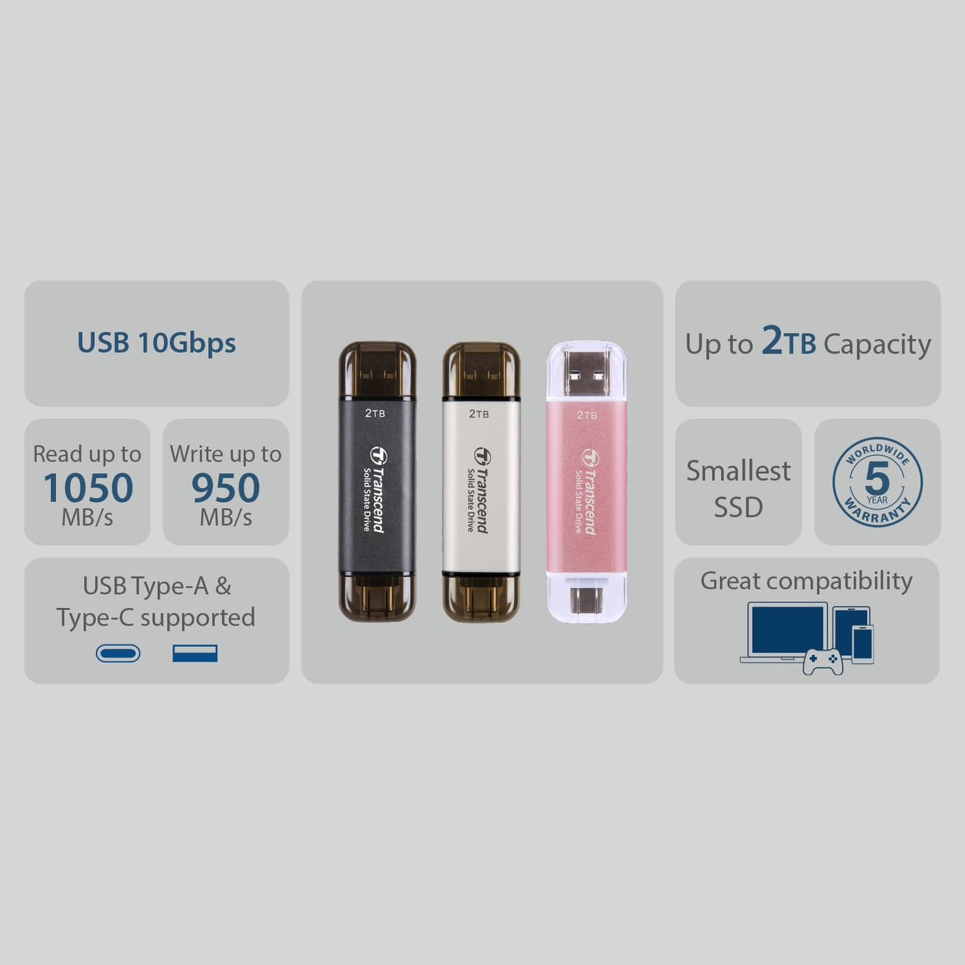 Transcend 256GB USB 10Gbps ESD310 Portable SSD Solid State Drive TS256GESD310C Black
