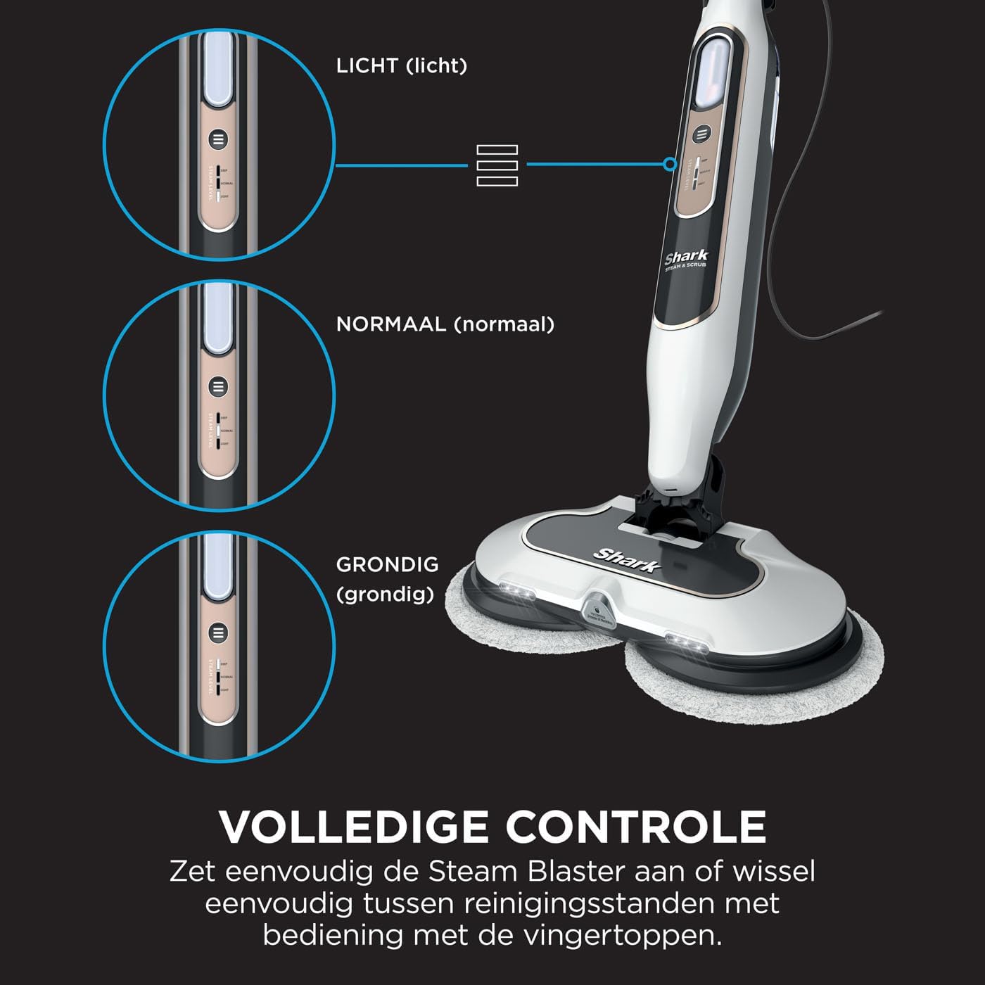 Shark Dampfreiniger, automatischer Dampfbesen mit Steam Blaster, 2 rotierende Power Pads, 3 Dampfstufen, desinfiziert, entfernt Flecken und Schmutz, für versiegelte Hartböden, weiß und grau S8201EU