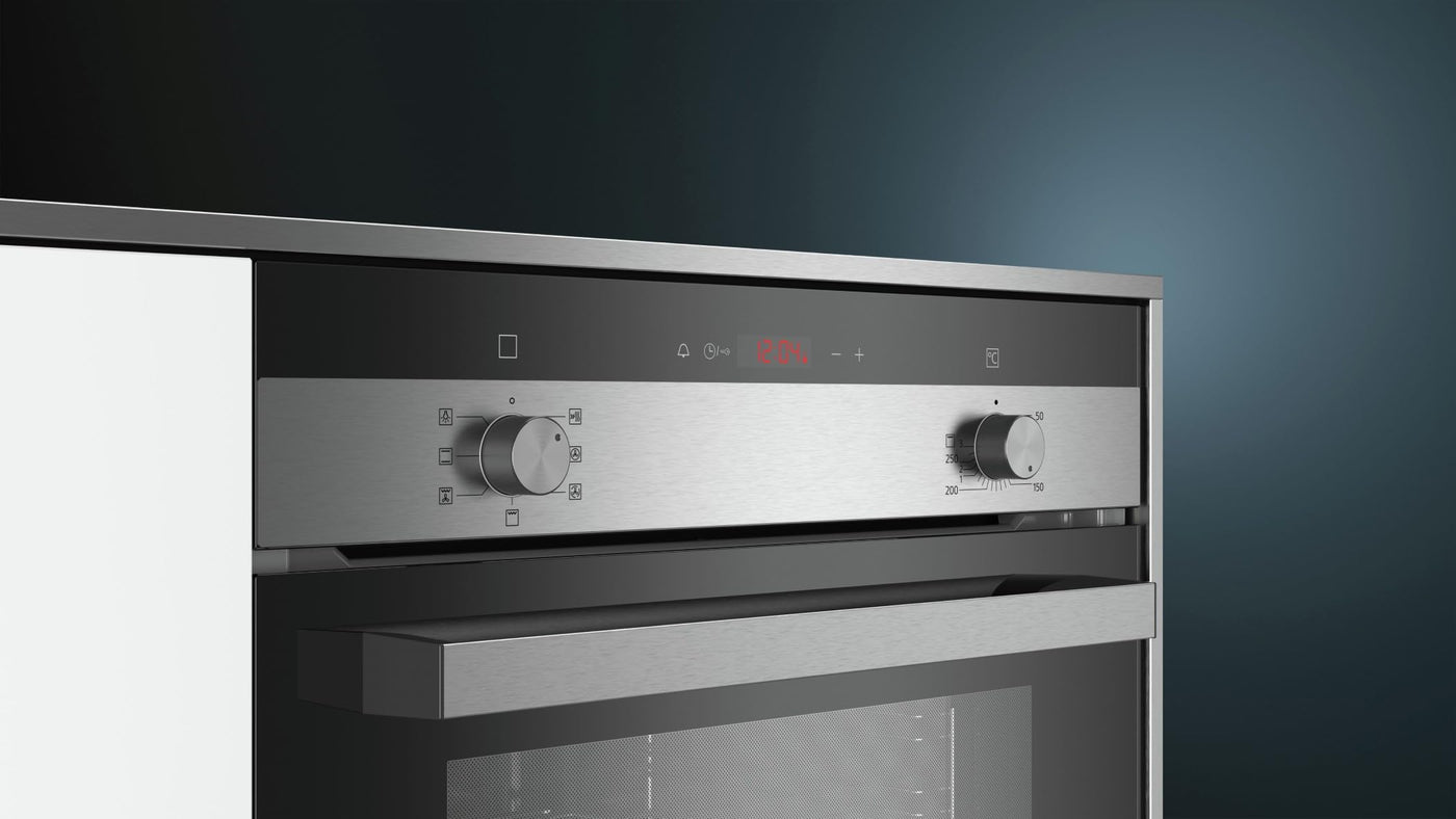 Siemens HB113FBS1, iQ100 Einbau-Backofen, 60 x 60 cm, Schwarz, Edelstahl, Schnellaufheizung, Gleichmäßig Bräunung durch 3D Heißluft, einfache Bedienung dank LED Display und versenkbarer Drehwähler