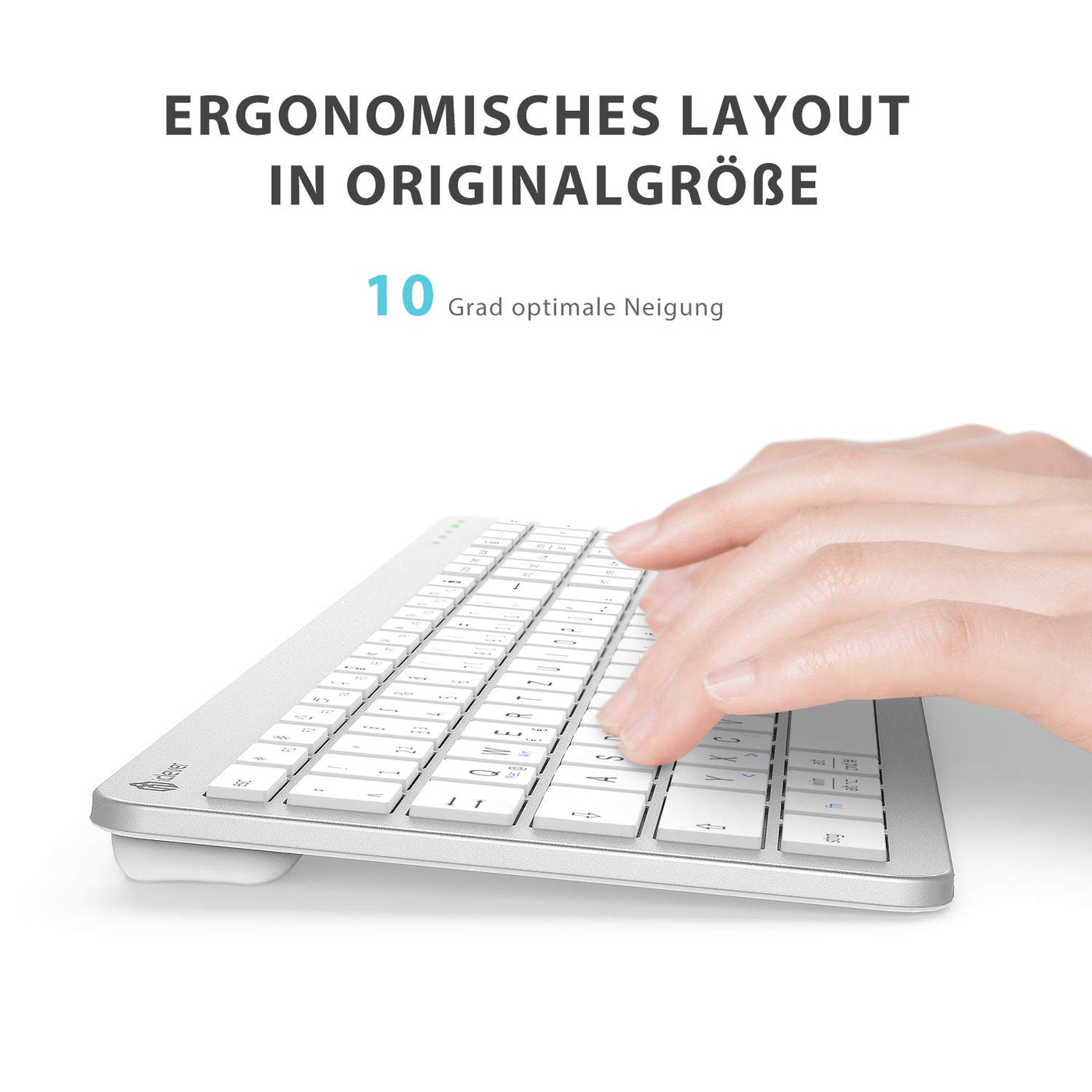 Tastatur Maus Set Kabellos, iClever Wiederaufladbare Funktastatur, Deutsch QWERTZ Layout, 2.4 GHz Funk Tastatur Mouse für PC/Laptop/Smart TV, Weiß und Silber