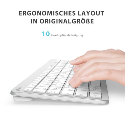 Tastatur Maus Set Kabellos, iClever Wiederaufladbare Funktastatur, Deutsch QWERTZ Layout, 2.4 GHz Funk Tastatur Mouse für PC/Laptop/Smart TV, Weiß und Silber