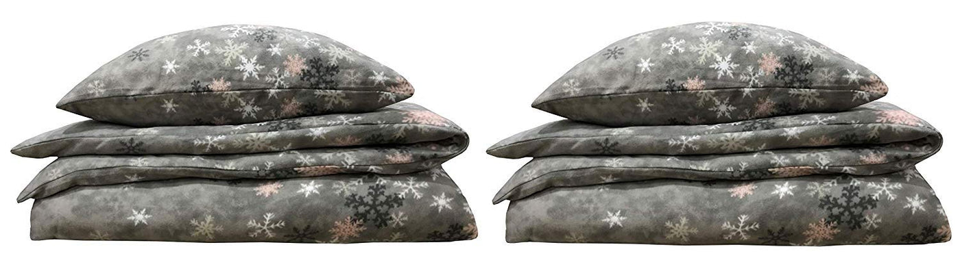 Leonado-Vicenti 4 TLG Winter Fleece Bettwäsche 135x200 Schneekristalle Grau flauschig kuschelig mit Reißverschluss