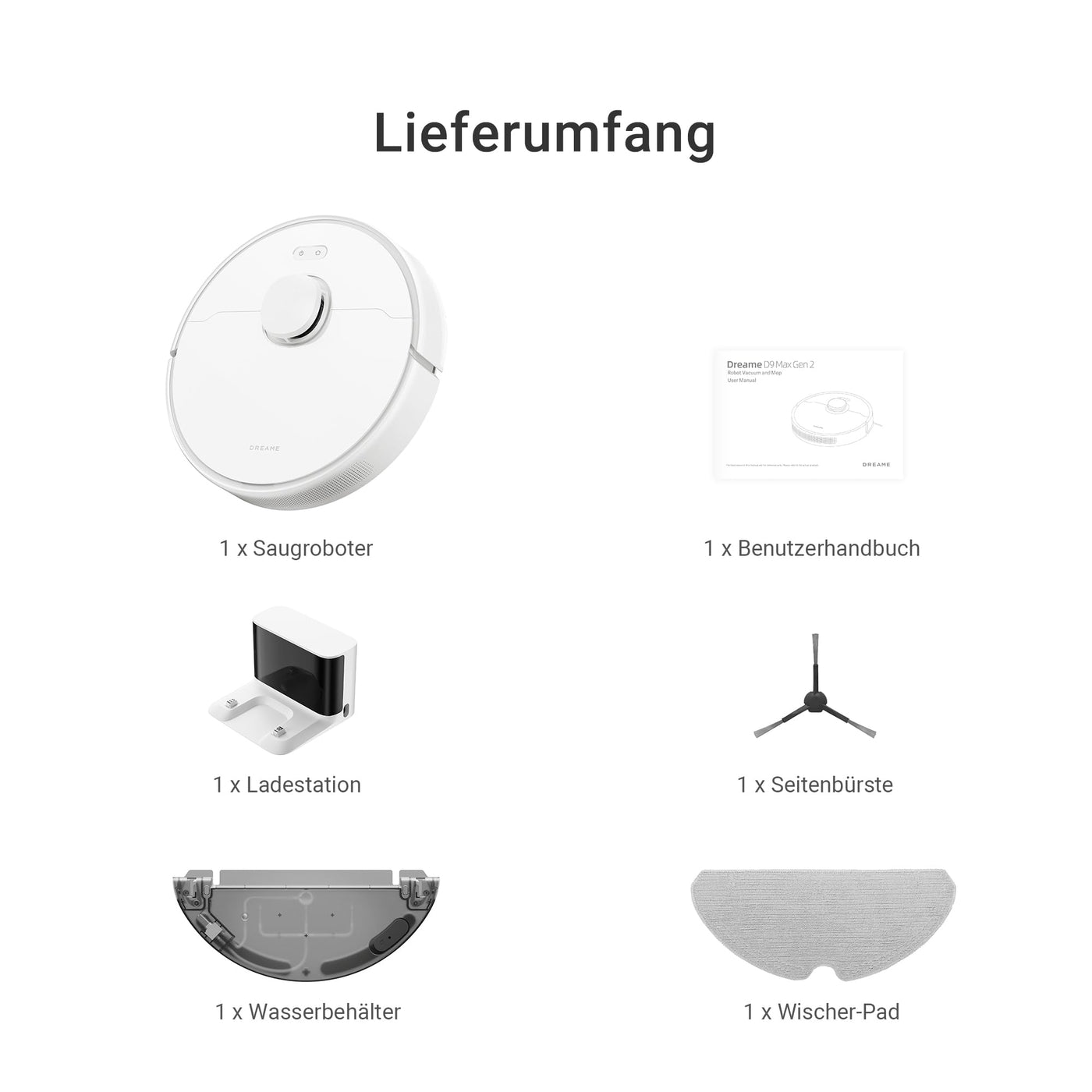 DREAME D9 Max Gen2 Staubsaugerroboter, 6000Pa Saugroboter mit Wischfunktion, Bewegliche Bürste, Karten für mehrere Böden, Ideal für Teppiche, Hartböden und Tierhaare, Weiß