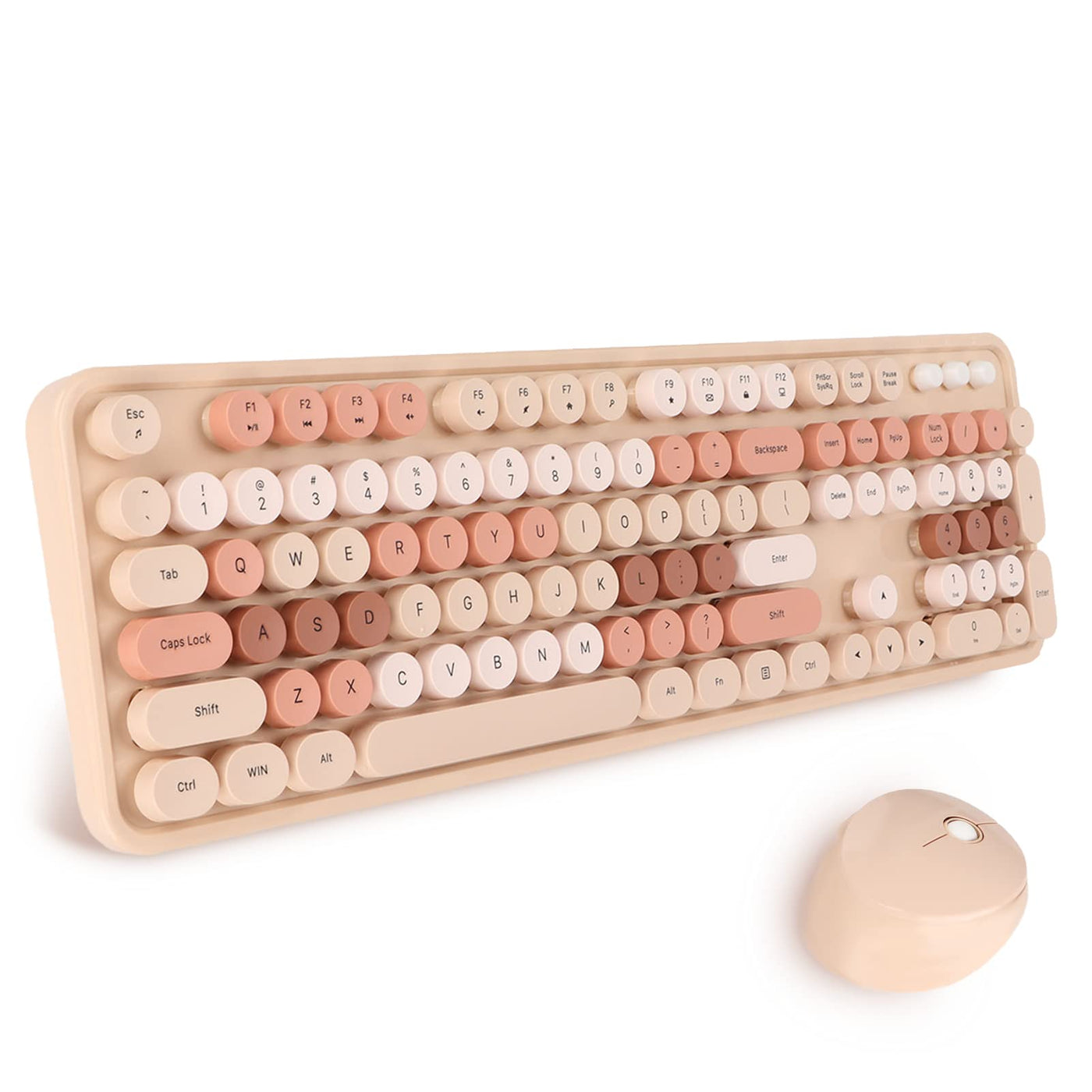 Tastatur Maus Set Kabellos, 2.4GHz tastatur kabellos mit abnehmbaren runden Tastenkappen, Niedliche 104 Tasten Milchtee Tastatur und Maus für Office Home Gaming