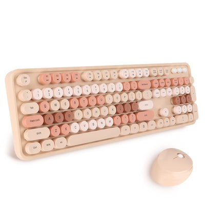 Tastatur Maus Set Kabellos, 2.4GHz tastatur kabellos mit abnehmbaren runden Tastenkappen, Niedliche 104 Tasten Milchtee Tastatur und Maus für Office Home Gaming