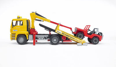 bruder 02750 - Man TGA Abschlepp-LKW mit Geländewagen - 1:16 Abschleppwagen, Abschlepper, Fahrzeug, LKW, Auto, Jeep, Werkstatt, Geländewagen