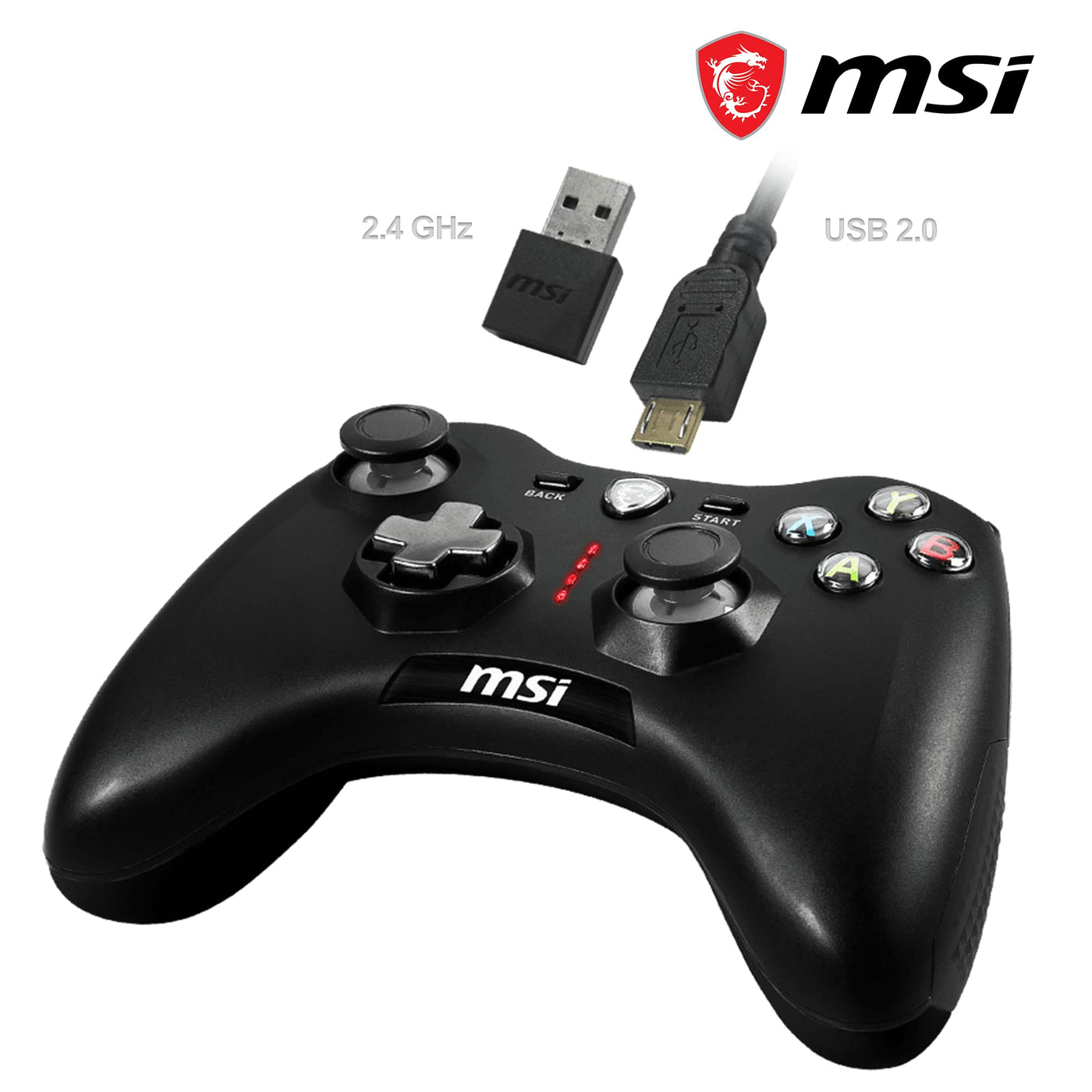 MSI FORCE GC30 V2 Kabelloser PC-Gamepad Controller - 2,4 GHz, 600mAh Li-Ionen-Akku, austauschbare D-Pad-Abdeckungen, zwei Vibrationsmotoren, USB 2.0 - schwarz, kabelgebunden/kabellos
