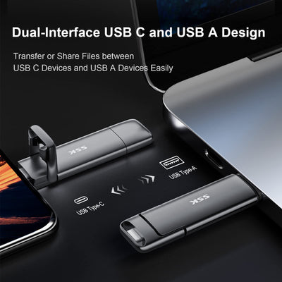 SSK USB C Externe SSD 2TB, mit bis zu 550 MB/s Extreme Schneller USB Solid State Drive, Dual-USB Typ C + USB A USB3.2 Gen2 Datenspeicher für Android-Telefon, Laptop, Tablet, Mac