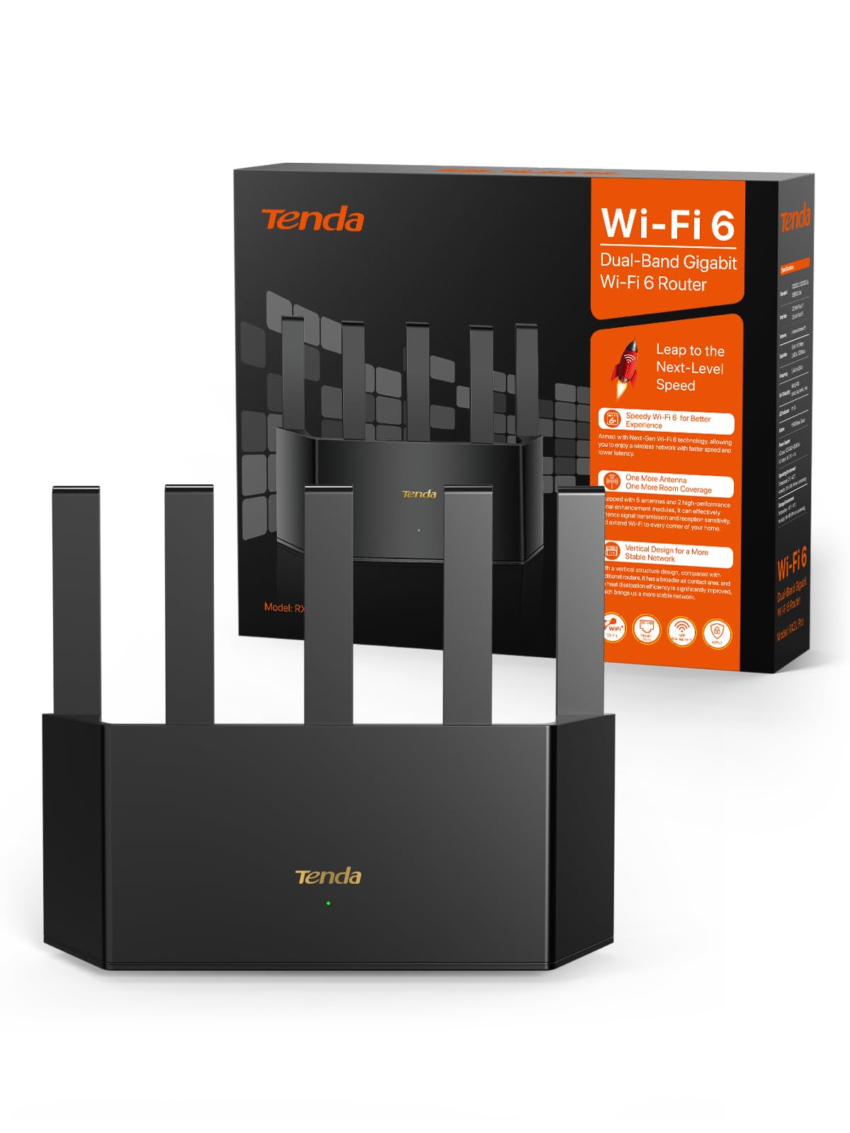 Tenda RX2L Pro Wi-Fi 6 WLAN Router (AX1500 Dualband 1201Mbit/s 5 GHz, 300Mbit/s 2,4GHz) 5Xexterne Antennen, 4-Gigabit-Port, Repeater & AP Modus, Wi-Fi+, Kindersicherung, WPA3, VPN, Keine DSL-Funktion