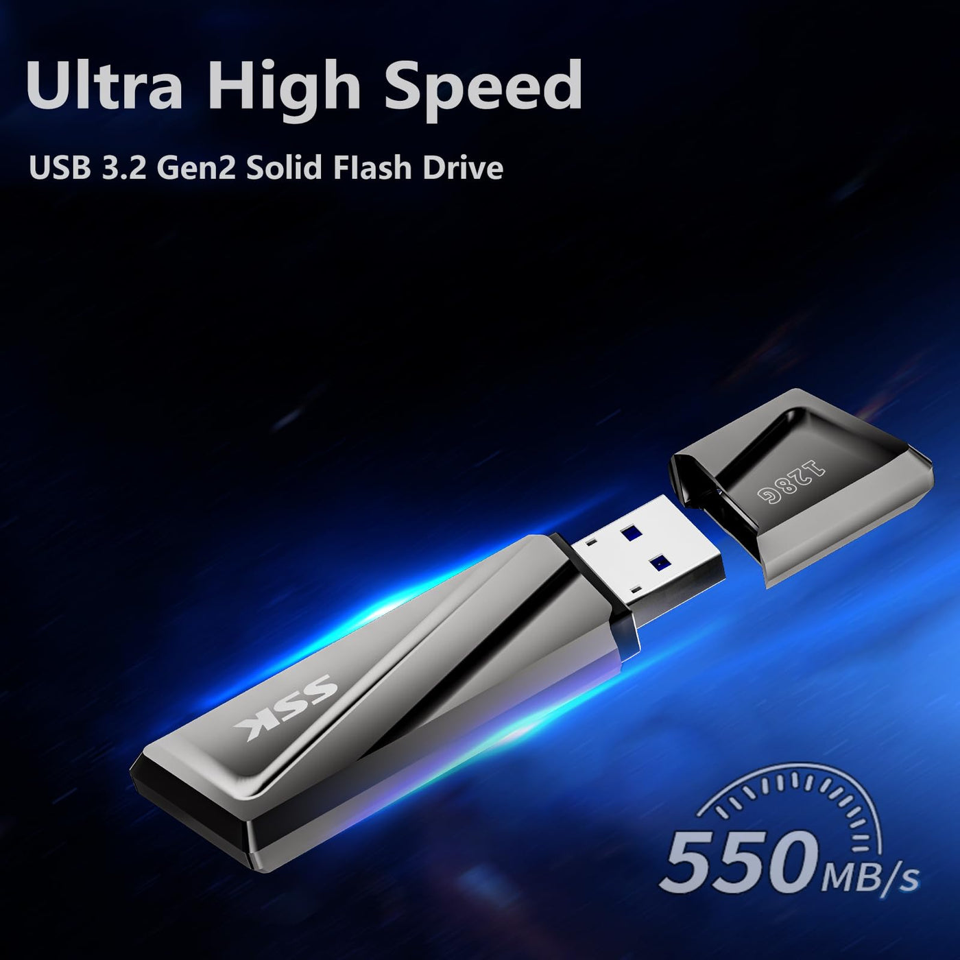 SSK USB3.2 SSD Stick 128GB, High Speed bis zu 550MB/s Extreme Schneller + Adapter Externe Tragbare SSD USB3.2 Gen 2 Speicherstick für Typ-C-Android-Telefone, Laptop, Tablet, Mac