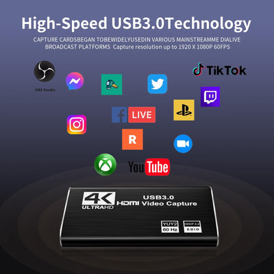 XIIXMASK Video Capture Card, Audio Video Capture Card, USB 3.0 Capture Card 4K HDMI Loop-Out, 1080P 60FPS/2K 30FPS Videospiel-Capture für Streaming, funktioniert für PS5/Switch/Kamera/PC/OBS