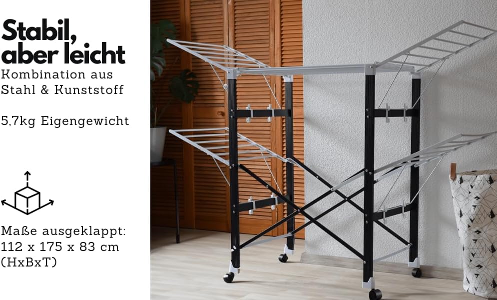 Loving Home® Faltbarer Wäscheständer, Standtrockner, Wäschetrockner Turm 175 x 83 x 112 cm mit Rollen, belastbar bis 35 kg, Trockenlänge 21 m