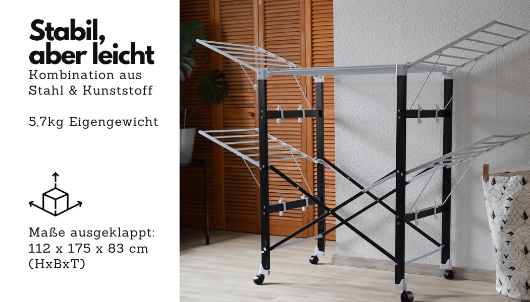 Loving Home® Faltbarer Wäscheständer, Standtrockner, Wäschetrockner Turm 175 x 83 x 112 cm mit Rollen, belastbar bis 35 kg, Trockenlänge 21 m