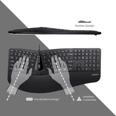 Perixx Periduo-505, Ergonomische Tastatur und Vertikale Maus Desktop Set, Geteiltes Tastenfeld, 4-Wege-Scrollrad, Anpassbare Handballenauflage, Flache Tasten, USB-Kabelgebunden, DE QWERTZ