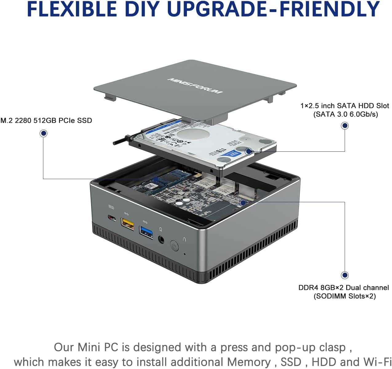 MINIS FORUM Mini PC, UM350 16 GB DDR4 / 512 GB SSD AMD Ryzen 5 3550H Prozessor Mini Desktop Computer, HDMI-DP- USB C- Anschluss, Radeon Vega 8 Graphics,USB 3.1
