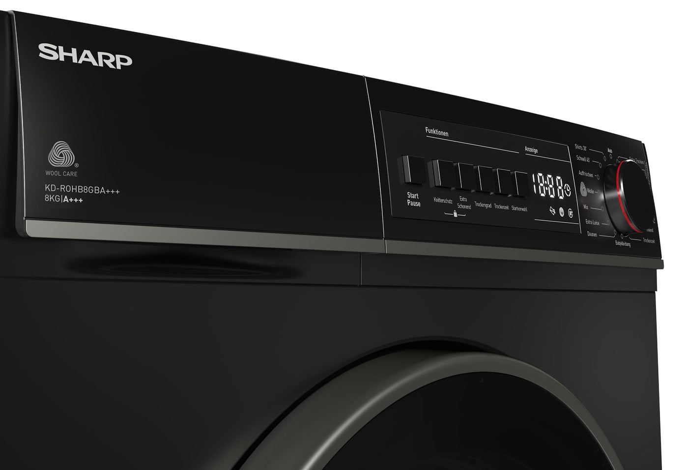 Sharp KD-ROHB8GBA+++-DEWärmepumpentrockner / A+++ / 8 kg / 15 Programme inkl. 30 min Kurzprogramm / BubbleDrum-Schontrolmmel mit LED-Trommelbeleuchtung / Ablaufschlauch / Schwarz