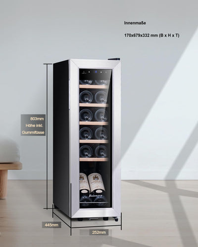 Kalamera Weinkühlschrank, 12 Flaschen 35 Liter Weinklimaschrank klein mit Kompressor, 5-18°C, KRC-35FCSS
