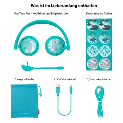 Brandneu und „Made for Amazon“: Bluetooth-Kinderkopfhörer BuddyPhones PopTime Pro mit Lautstärkebegrenzung und Bügelmikrofon (Alter: 3-12 Jahre), Blaugrün