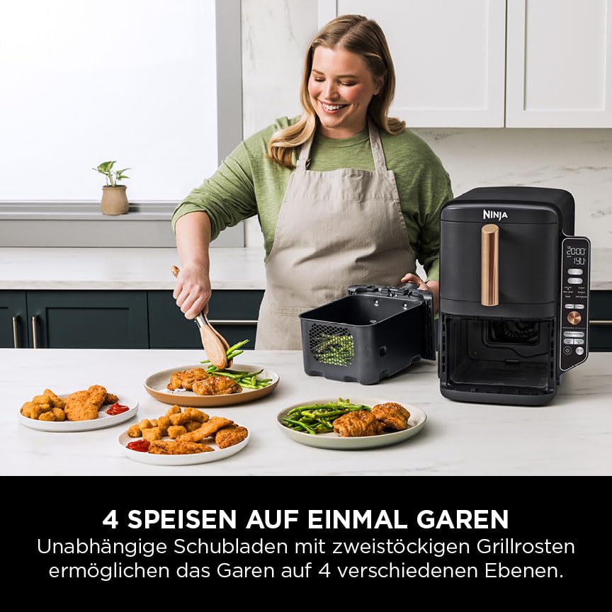 Ninja Double Stack XL Heißluftfritteuse, 2 vertikale Schubladen, 4 Kochstufen, 2 Einschübe, platzsparendes Design, 9,5 L Fassungsvermögen, 6 Funktionen, 8 Portionen, Zange, Schwarz/Kupfer SL400EUCP