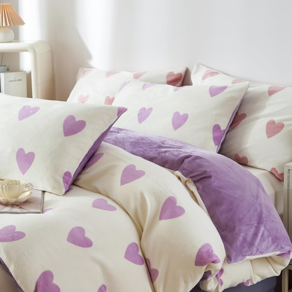 Covebett Winter Bettwäsche Flanell 200x200 Herzen Lila Weiß Warme Biber Plüsch Wende Winterbettwäsche 3teilig, Flauschig Fleece Mädchen Bettbezug und 2 Kissenbezug 80x80 mit Reißverschluss