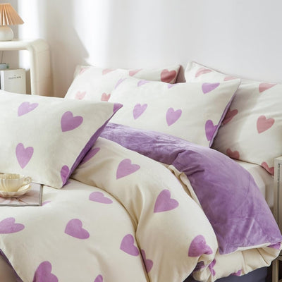 Covebett Winter Bettwäsche Flanell 200x200 Herzen Lila Weiß Warme Biber Plüsch Wende Winterbettwäsche 3teilig, Flauschig Fleece Mädchen Bettbezug und 2 Kissenbezug 80x80 mit Reißverschluss