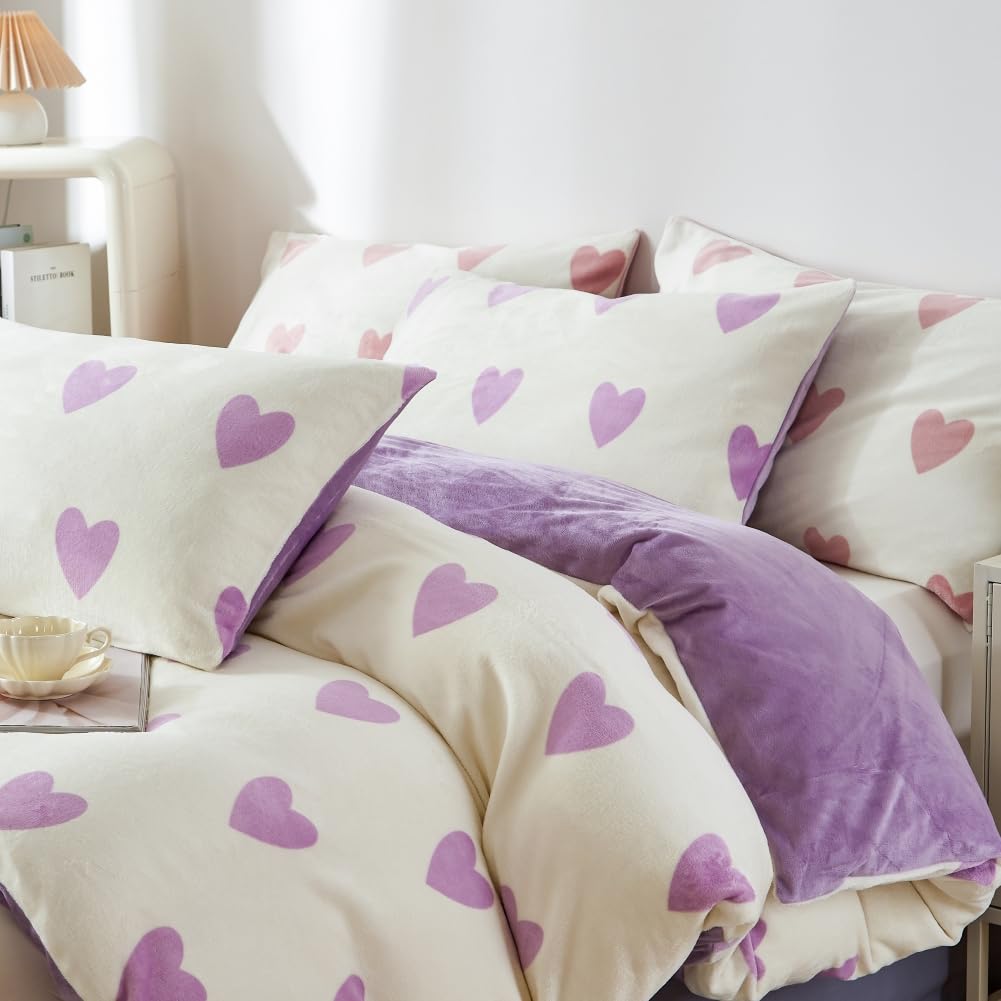 Covebett Winter Bettwäsche Flanell 200x200 Herzen Lila Weiß Warme Biber Plüsch Wende Winterbettwäsche 3teilig, Flauschig Fleece Mädchen Bettbezug und 2 Kissenbezug 80x80 mit Reißverschluss