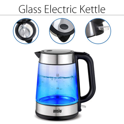 ANSIO Wasserkocher Edelstahl,1,7 Liter, 2200 watts Wasserkocher mit Herausnehmbarer Kalkfilter, Abschaltautomatik, Schnellkochfunktion Wasserstandsanzeige beleuchtet BPA Frei (Klar Glas)