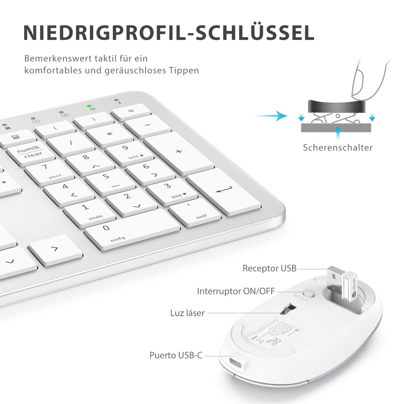 Tastatur Maus Set Kabellos, iClever Wiederaufladbare Funktastatur, Deutsch QWERTZ Layout, 2.4 GHz Funk Tastatur Mouse für PC/Laptop/Smart TV, Weiß und Silber