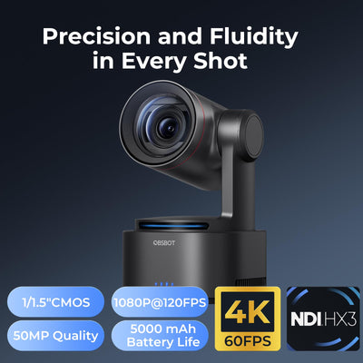 OBSBOT Tail 2 4K PTZR NDI-Kamera 60fps, 5X Optischer Zoom, AI Auto Tracking, 1/1,5 Zoll 50MP, HDMI/SDI/USB/IP-Multiausgang, für Live-Veranstaltungen im Kirchengottesdienst