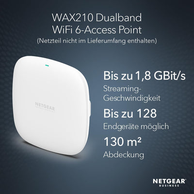NETGEAR Wireless Access Point (WAX210) – WiFi 6-Dualband mit AX1800-Geschwindigkeit 1 x 1G-PoE-Netzwerkanschluss Bis zu 128 Geräte 802.11ax WPA3 | Bis zu 4 SSID-Netzwerke, Netzteil Nicht enthalten