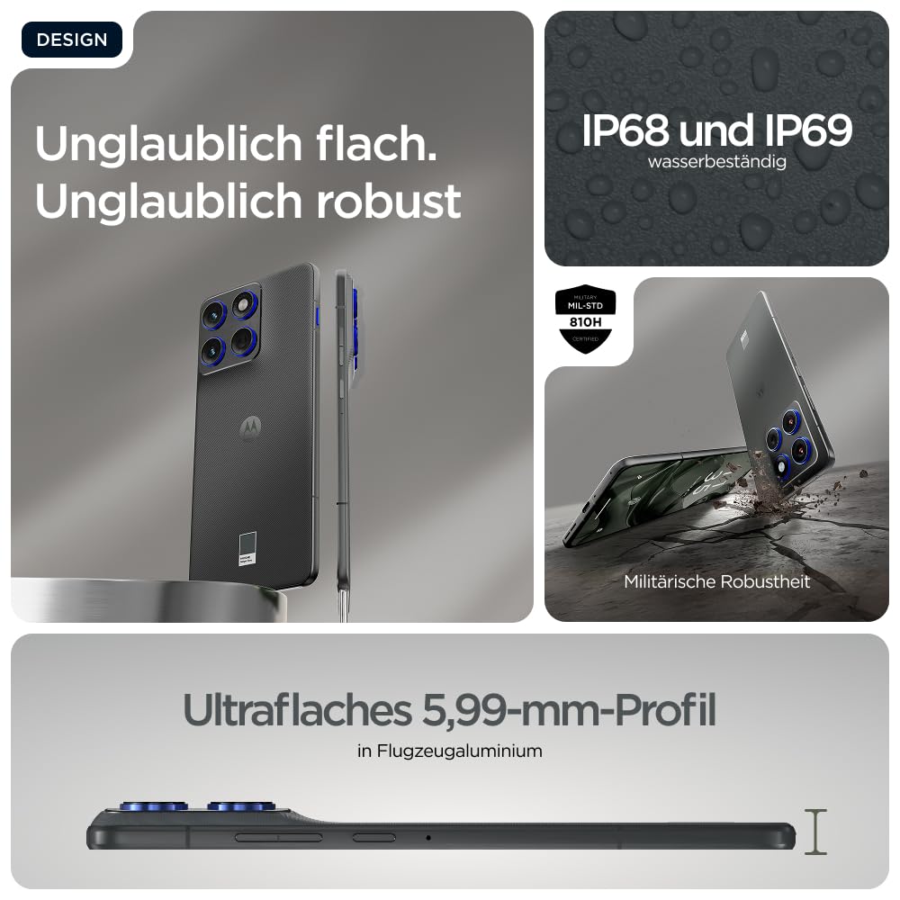 Motorola Edge 70 Smartphone (Robustes 6,67"-pOLED-Display mit Gorilla Glass 7i, 50-MP-Kamera, 12-512 GB, Wasser- und hitzebeständig, 68W-TurboPower-Aufladen), Pantone Gadget Gray, inkl. Magnetcover