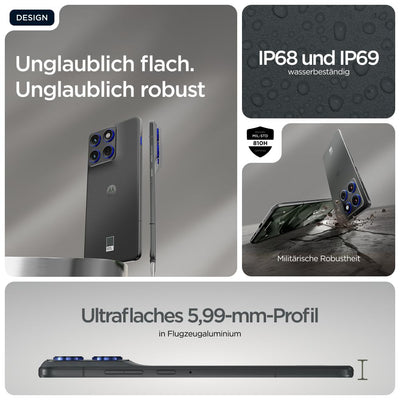 Motorola Edge 70 Smartphone (Robustes 6,67"-pOLED-Display mit Gorilla Glass 7i, 50-MP-Kamera, 12-512 GB, Wasser- und hitzebeständig, 68W-TurboPower-Aufladen), Pantone Gadget Gray, inkl. Magnetcover