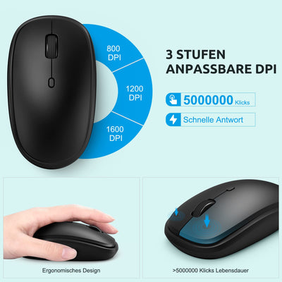 Tastatur Maus Set Kabellos, QCen 2,4GHz UltraDünn Kabellose Tastatur und Maus, Ergonomisch Funktastatur in Standardgröße mit 19 Sondertasten und einen Nummernblock, für PC, Laptop, Deutsches Layout