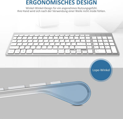 Tastatur Maus Set Kabellos - 2.4Ghz USB Funk Tastatur QWERTZ (Deutsch) Layout Ergonomisch Klein Maus Ultra-Dünne Wireless Keyboard Mouse für Computer/Desktop/PC/Laptop/Smart TV/Windows- Weiß Silber