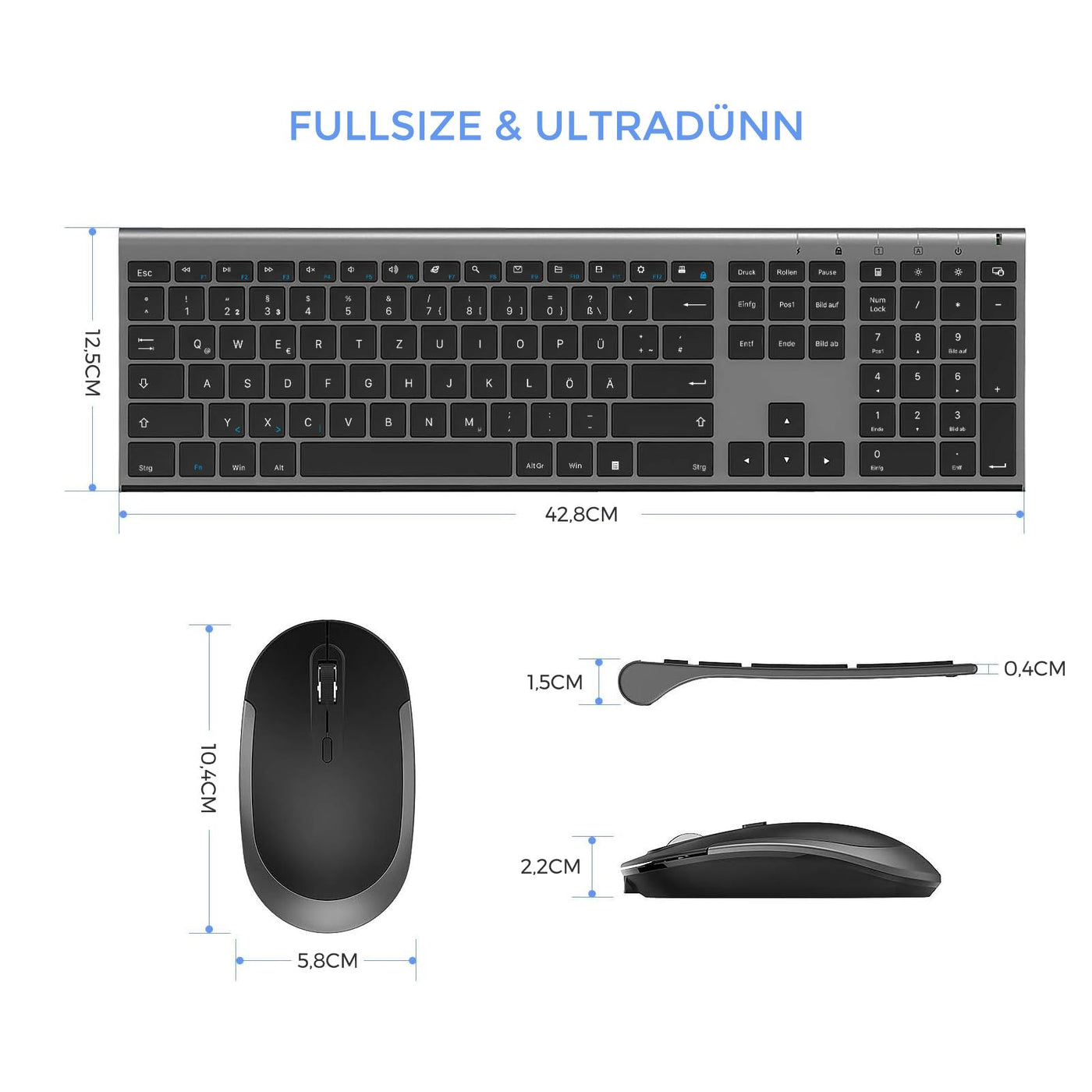 seenda Funktastatur mit Maus, Wiederaufladbare Tastatur Maus Set kabellos für Computer/Laptop, leise klick, Fullsize & QWERTZ Layout(Schwarz & Grau)