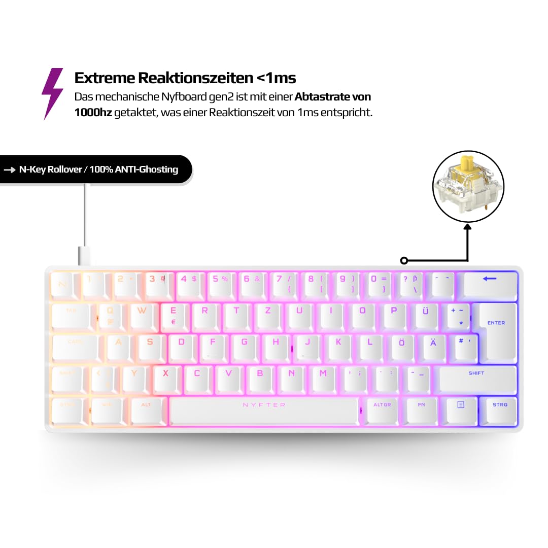 Nyfter - 60% Gaming Keyboard - NYFBOARD GEN2 Gaming Computer Tastatur mit Gateron Yellow Switches - HOT-SWAPPABLE mechanisch RGB-Hintergrundbeleuchtung ISO-DE Layout für Gamer (White, 60%)