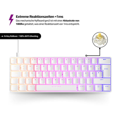 Nyfter - 60% Gaming Keyboard - NYFBOARD GEN2 Gaming Computer Tastatur mit Gateron Yellow Switches - HOT-SWAPPABLE mechanisch RGB-Hintergrundbeleuchtung ISO-DE Layout für Gamer (White, 60%)