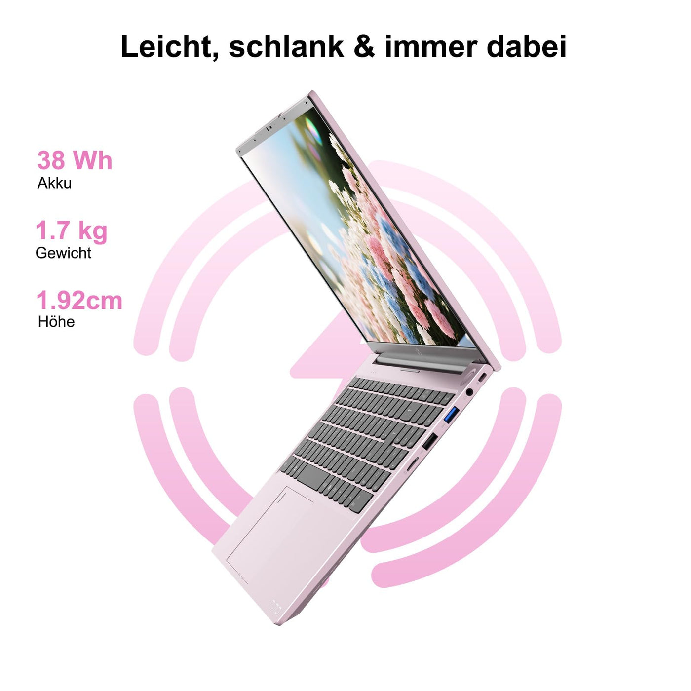 NIMO Roségold Laptop 15,6 Zoll Full HD: 16GB RAM, 1TB SSD, Intel N100, WLAN-Konnektivität, USB-C 65W, Fingerabdruck, Beleuchtete Tastatur, Leichter Computer für Arbeit & Studium