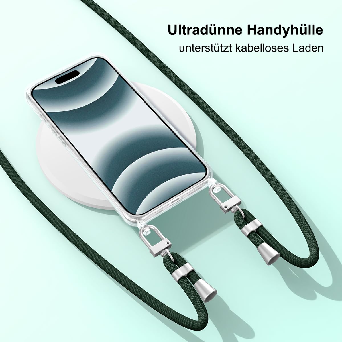 Anshow Verbesserte Handykette für iPhone 16 Plus Hülle mit Band + 1 Schutzfolie, Necklace Stoßfest Handyhülle iPhone 16 Plus Case Transparent Schutzhülle zum Umhängeband Abnehmbar, Dunkelgrün