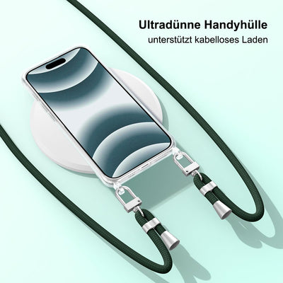 Anshow Verbesserte Handykette für iPhone 16 Plus Hülle mit Band + 1 Schutzfolie, Necklace Stoßfest Handyhülle iPhone 16 Plus Case Transparent Schutzhülle zum Umhängeband Abnehmbar, Dunkelgrün