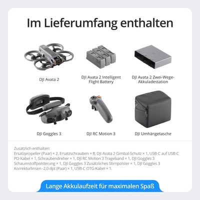 DJI Avata 2 Fly More Combo Bundle (3 Akkus), FPV-Drohne mit 4K-Kamera, 69 Minuten max. Flugzeit, Akrobatik auf Tastendruck, Kameradrohne mit Goggles 3 und RC Motion 3, mit Propellerschutz