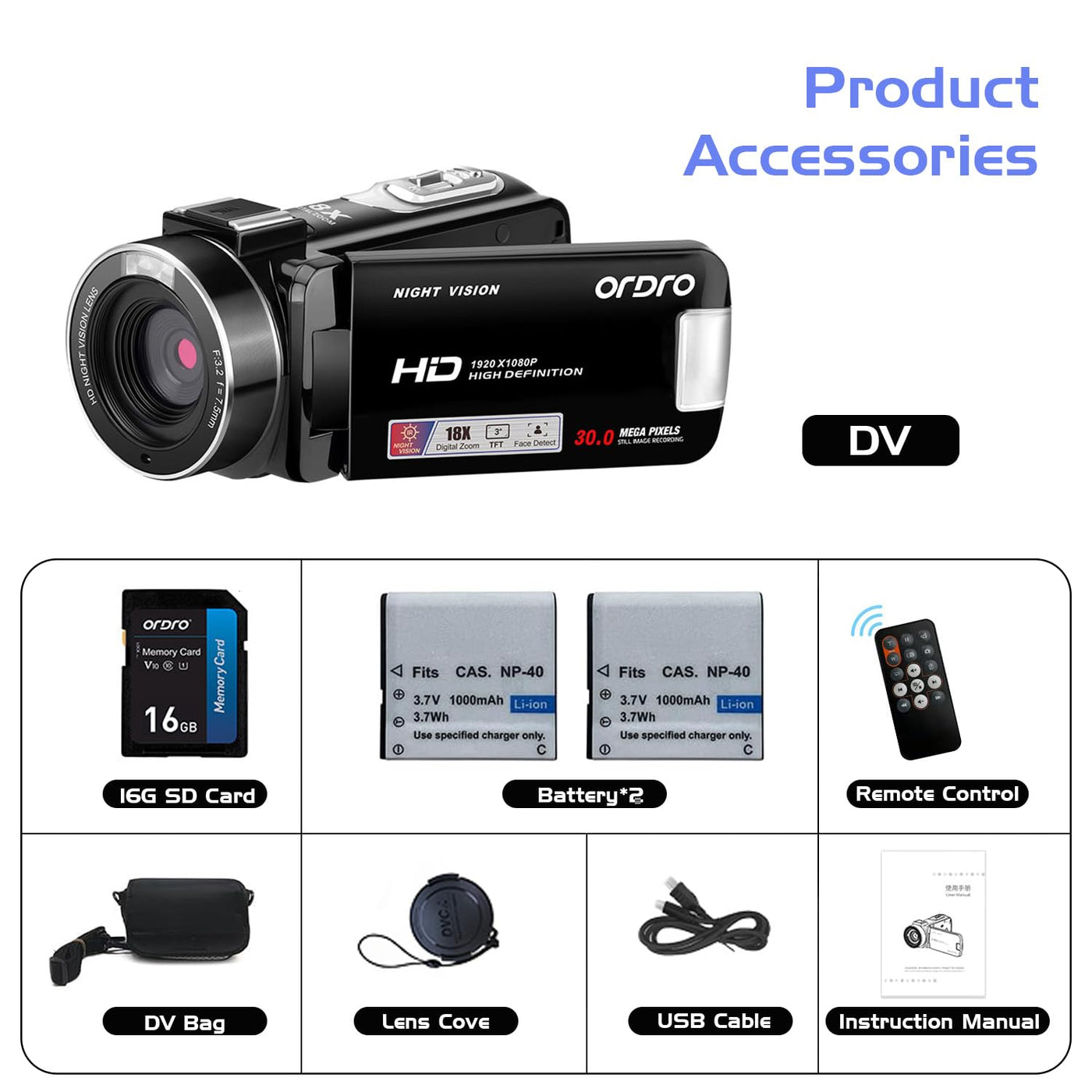 ORDRO Full HD 1080P 30MP Camcorder 18-facher Digitalzoom IR-Nachtsicht YouTube-Videokamera 3,0 Zoll 270° drehbarer Bildschirm mit 16 GB Karte und 2 Akkus Vlogging-Kamera (Schwarz)